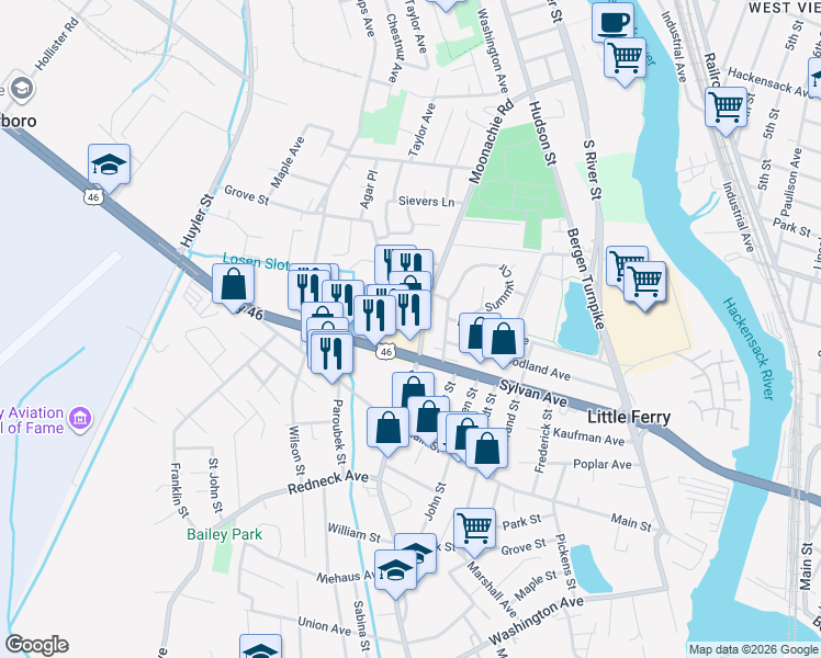 map of restaurants, bars, coffee shops, grocery stores, and more near 298 Route 46 in Little Ferry