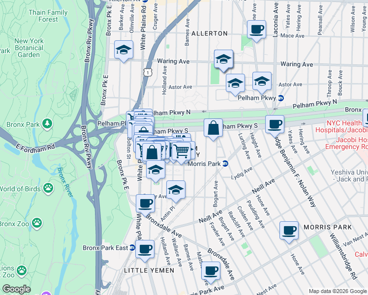 map of restaurants, bars, coffee shops, grocery stores, and more near 2175 Barnes Avenue in Bronx