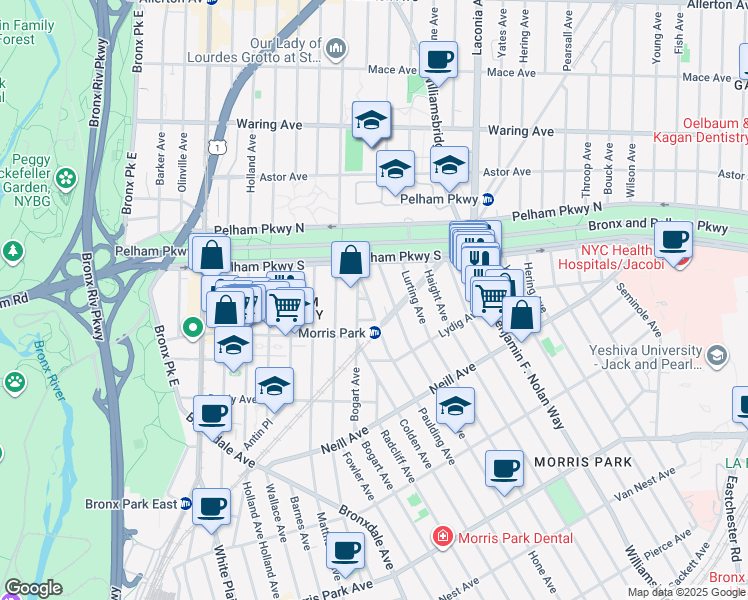 map of restaurants, bars, coffee shops, grocery stores, and more near 2159 Hone Avenue in Bronx