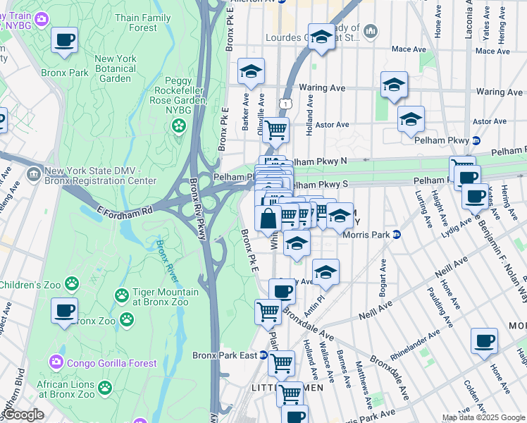 map of restaurants, bars, coffee shops, grocery stores, and more near 2185 Bolton Street in The Bronx