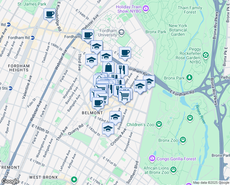 map of restaurants, bars, coffee shops, grocery stores, and more near in The Bronx