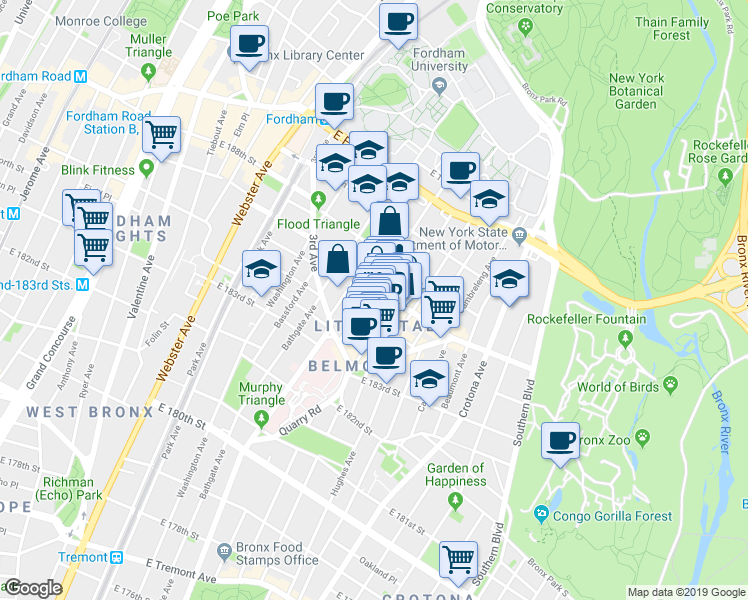 map of restaurants, bars, coffee shops, grocery stores, and more near in The Bronx