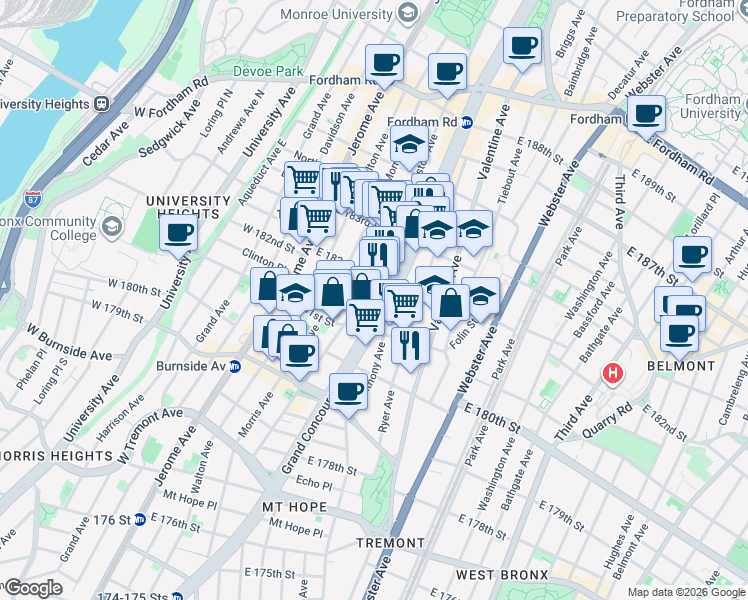 map of restaurants, bars, coffee shops, grocery stores, and more near 2188 Creston Avenue in The Bronx