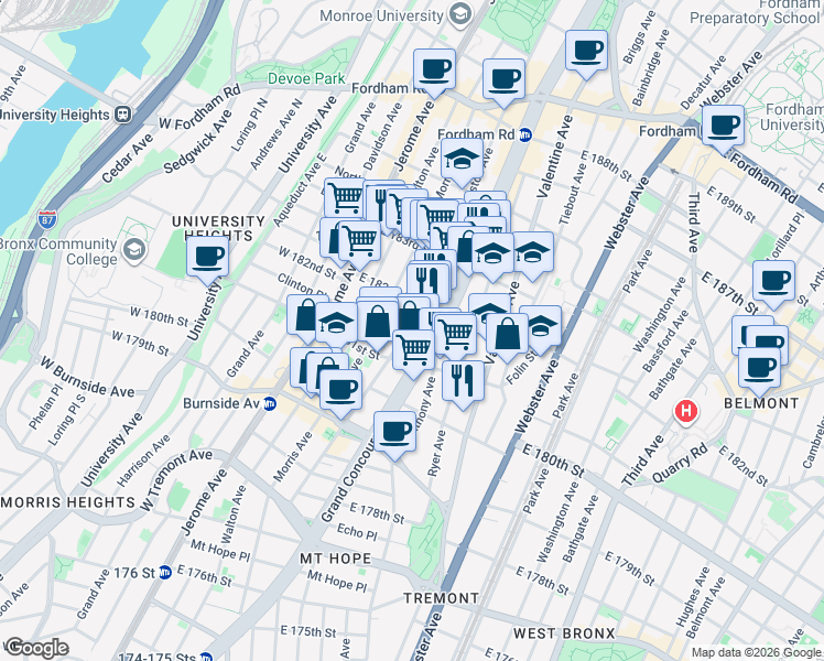map of restaurants, bars, coffee shops, grocery stores, and more near 2188 Creston Avenue in The Bronx