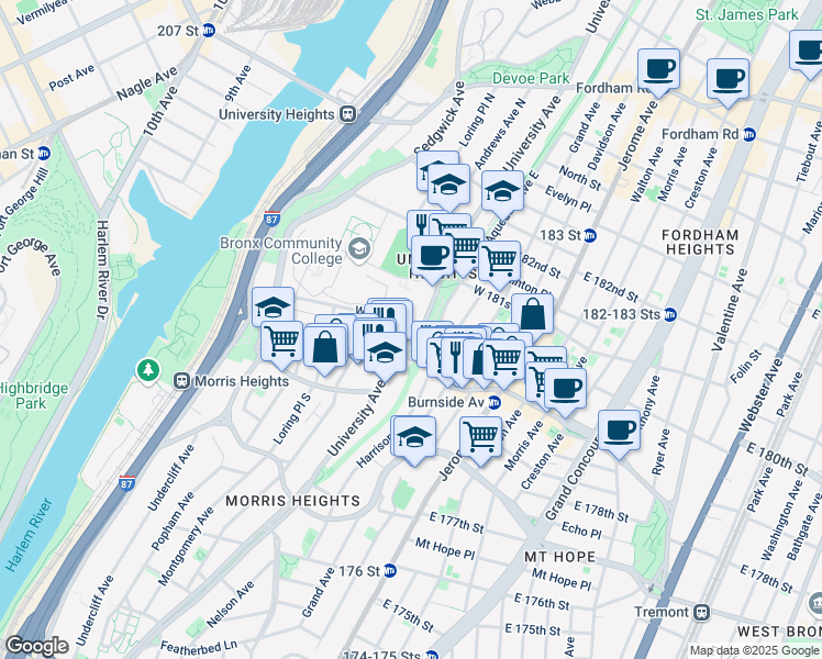 map of restaurants, bars, coffee shops, grocery stores, and more near in The Bronx