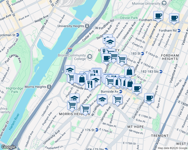 map of restaurants, bars, coffee shops, grocery stores, and more near in The Bronx