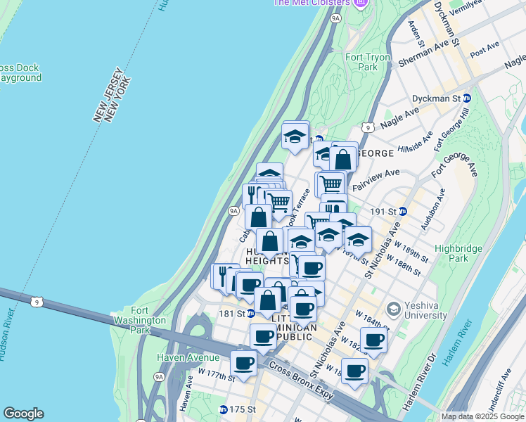 map of restaurants, bars, coffee shops, grocery stores, and more near Cabrini Boulevard in New York