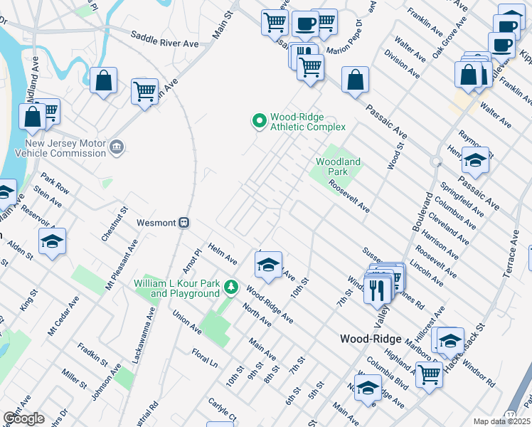 map of restaurants, bars, coffee shops, grocery stores, and more near 100 Marshall Lane in Wood-Ridge