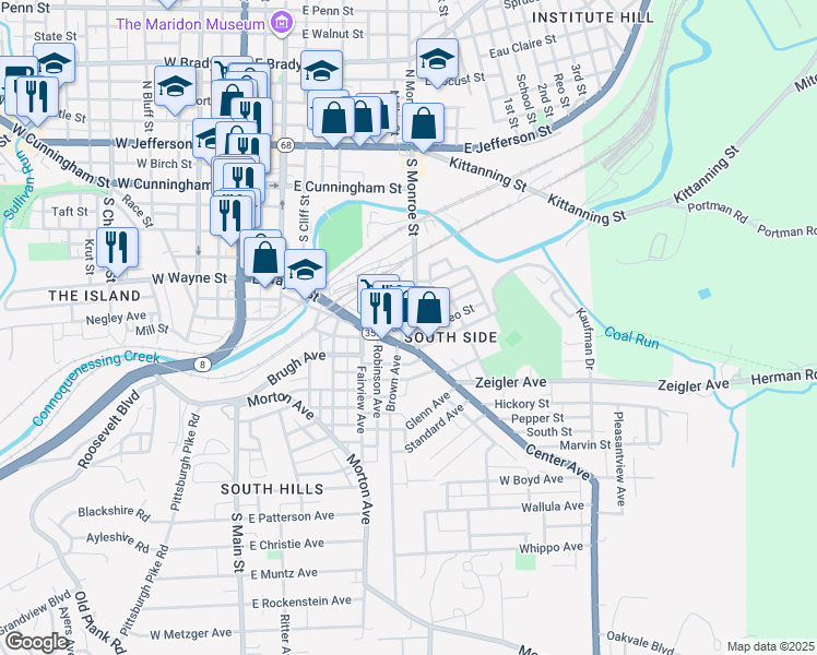 map of restaurants, bars, coffee shops, grocery stores, and more near 418 South Monroe Street in Butler