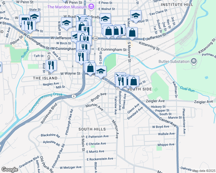 map of restaurants, bars, coffee shops, grocery stores, and more near 204 Center Avenue in Butler
