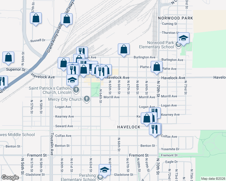 map of restaurants, bars, coffee shops, grocery stores, and more near 6503 Ballard Avenue in Lincoln