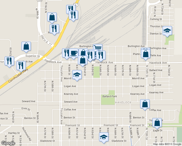 map of restaurants, bars, coffee shops, grocery stores, and more near 6243 Ballard Avenue in Lincoln