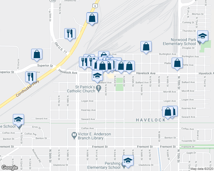 map of restaurants, bars, coffee shops, grocery stores, and more near 6126 Morrill Avenue in Lincoln