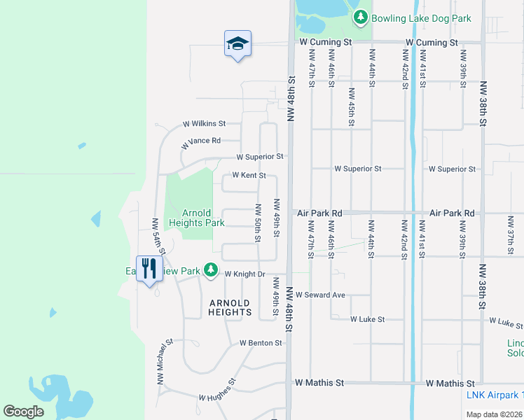 map of restaurants, bars, coffee shops, grocery stores, and more near 4148 Northwest 50th Street in Lincoln