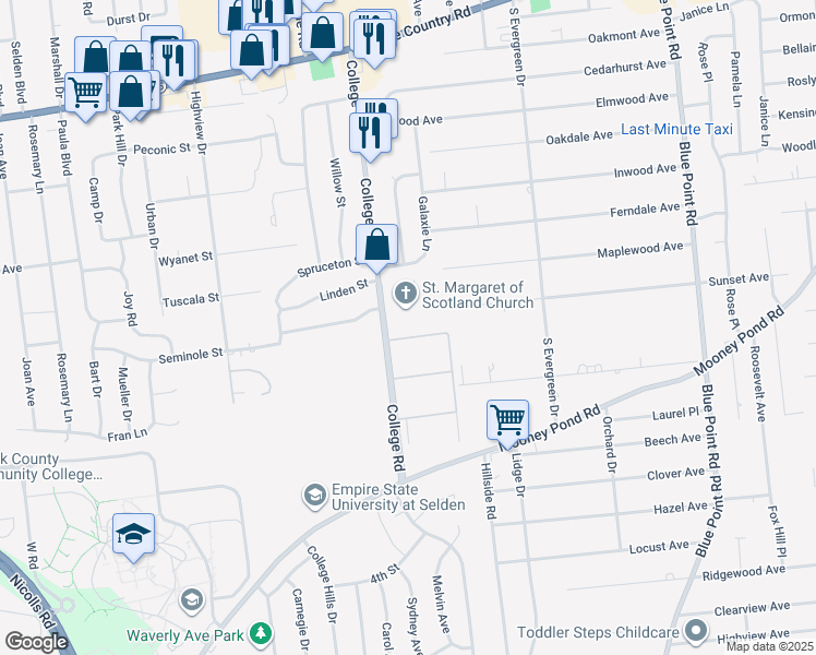 map of restaurants, bars, coffee shops, grocery stores, and more near 91 College Road in Selden