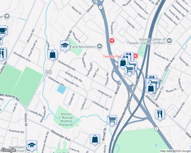 map of restaurants, bars, coffee shops, grocery stores, and more near 5 Robinson Terrace in Clifton