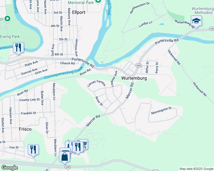 map of restaurants, bars, coffee shops, grocery stores, and more near 215 Locust Terrace in Ellwood City
