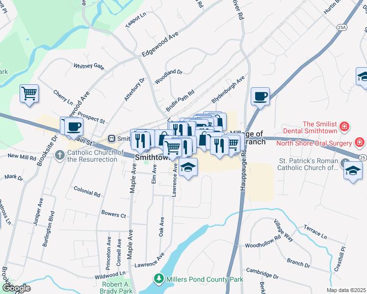 map of restaurants, bars, coffee shops, grocery stores, and more near in Smithtown