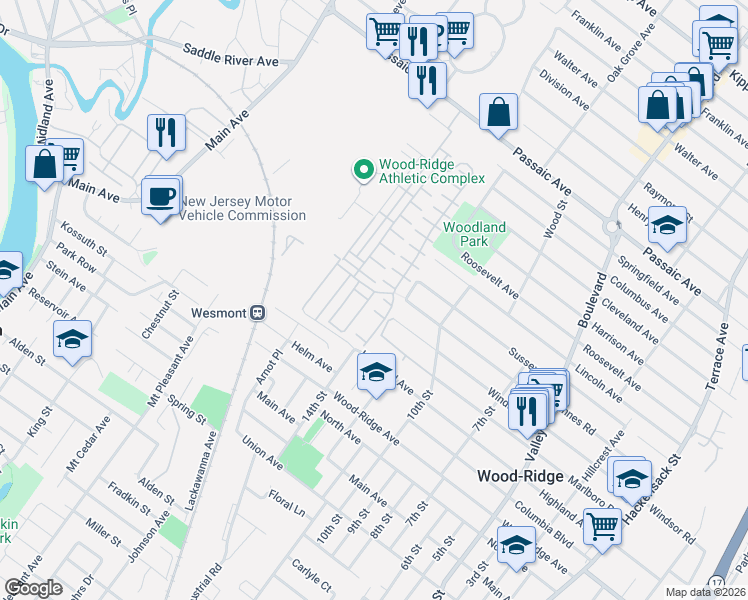 map of restaurants, bars, coffee shops, grocery stores, and more near 100 Marshall Lane in Wood-Ridge