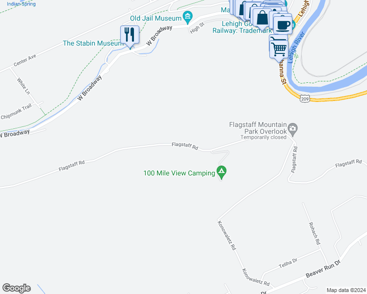 map of restaurants, bars, coffee shops, grocery stores, and more near 19 Flagstaff Road in Jim Thorpe