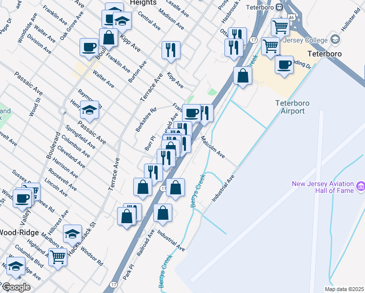 map of restaurants, bars, coffee shops, grocery stores, and more near 177 New Jersey 17 in Hasbrouck Heights