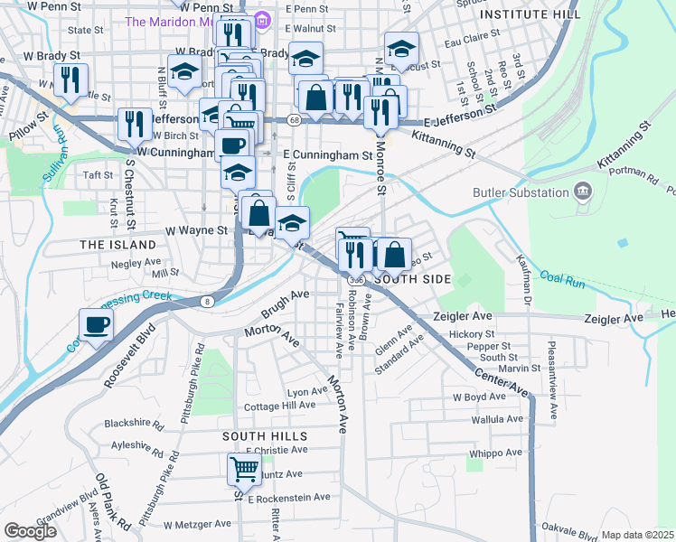 map of restaurants, bars, coffee shops, grocery stores, and more near 102 Center Avenue in Butler