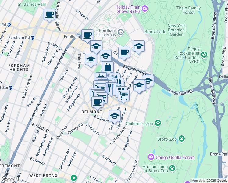 map of restaurants, bars, coffee shops, grocery stores, and more near 2420 Belmont Avenue in Bronx