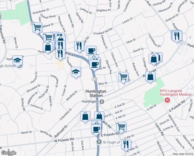 map of restaurants, bars, coffee shops, grocery stores, and more near 1090 New York Avenue in Huntington Station