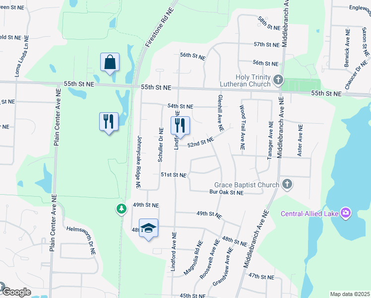 map of restaurants, bars, coffee shops, grocery stores, and more near 2200 52nd Street Northeast in Canton