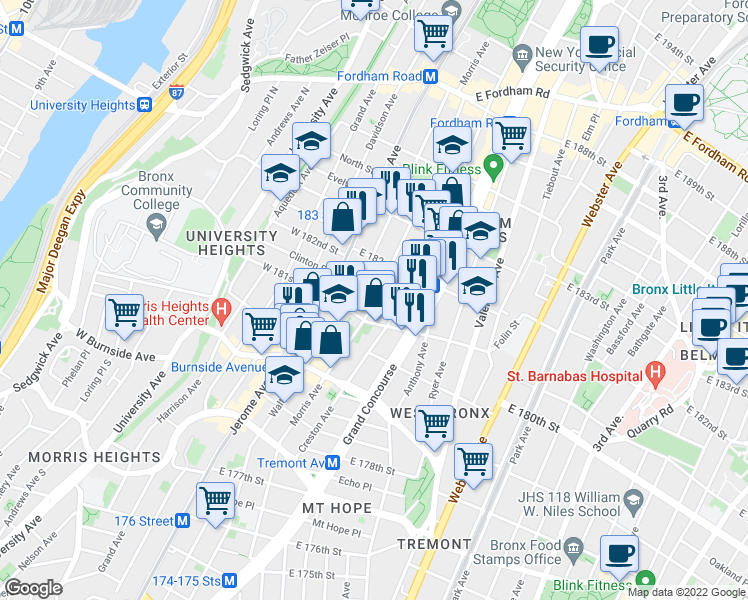 map of restaurants, bars, coffee shops, grocery stores, and more near Morris Ave & Cameron Pl in Bronx