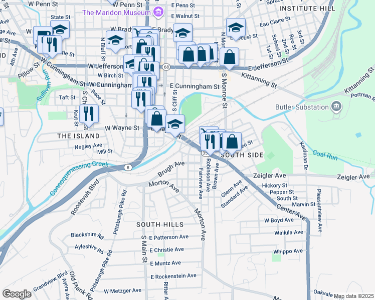map of restaurants, bars, coffee shops, grocery stores, and more near 204 Center Avenue in Butler
