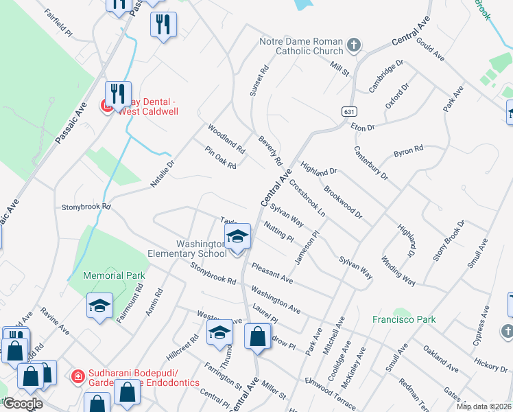 map of restaurants, bars, coffee shops, grocery stores, and more near 243 Central Avenue in West Caldwell