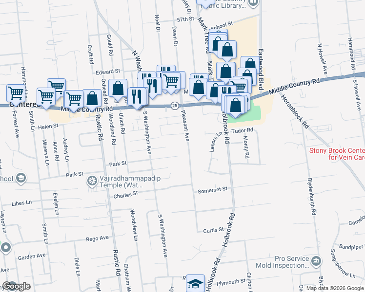 map of restaurants, bars, coffee shops, grocery stores, and more near 36 Pleasant Avenue in Centereach