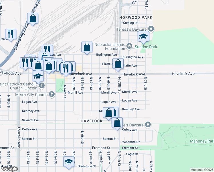 map of restaurants, bars, coffee shops, grocery stores, and more near 6829 Ballard Avenue in Lincoln