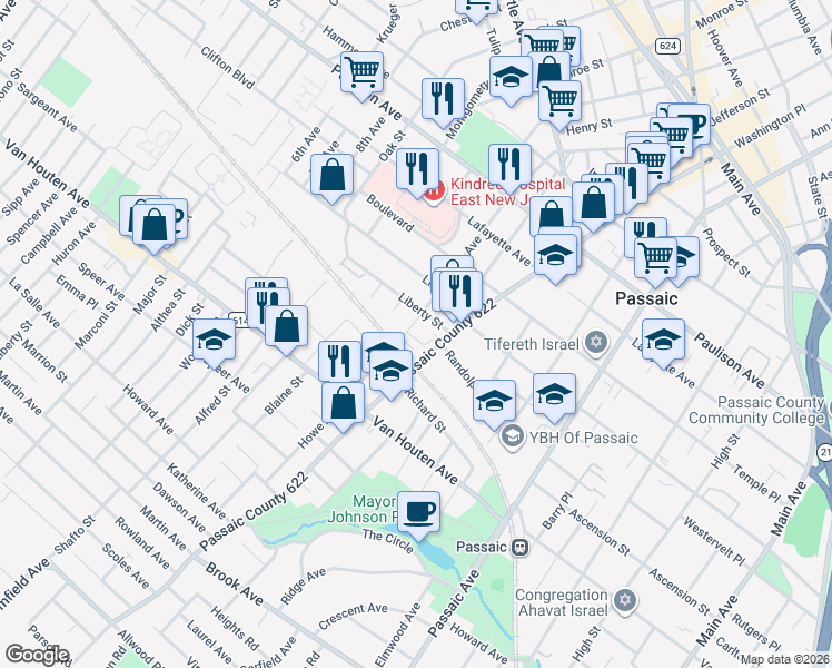 map of restaurants, bars, coffee shops, grocery stores, and more near 303 Howe Avenue in Passaic