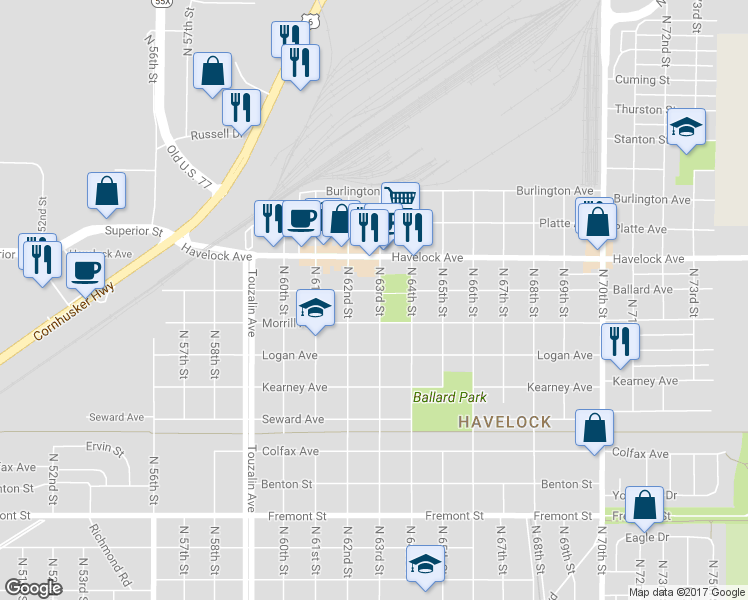 map of restaurants, bars, coffee shops, grocery stores, and more near 6243 Ballard Avenue in Lincoln