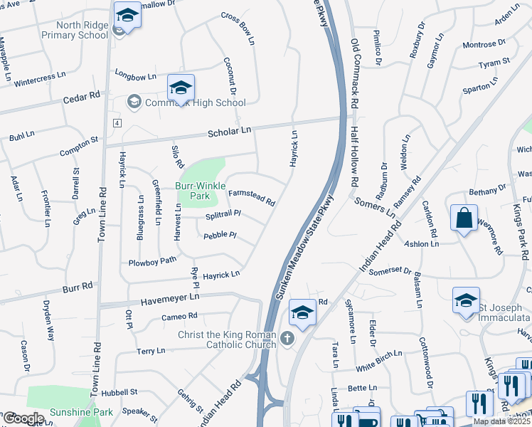 map of restaurants, bars, coffee shops, grocery stores, and more near 112 Hayrick Lane in Commack