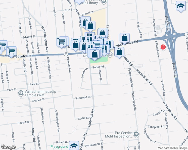 map of restaurants, bars, coffee shops, grocery stores, and more near 105 Holly Road in Centereach