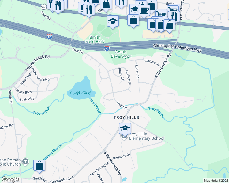 map of restaurants, bars, coffee shops, grocery stores, and more near 166 Carlton Drive in Parsippany-Troy Hills