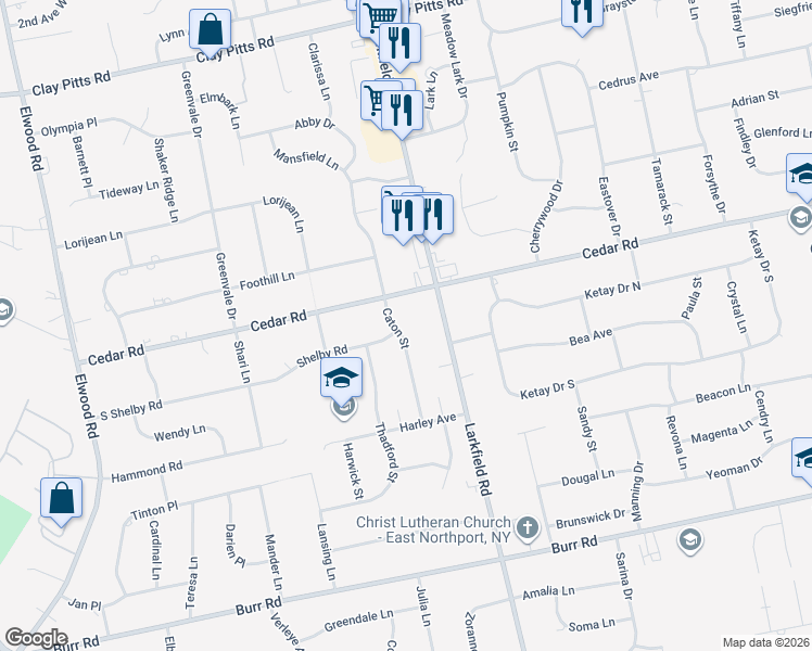 map of restaurants, bars, coffee shops, grocery stores, and more near 27 Caton Street in East Northport