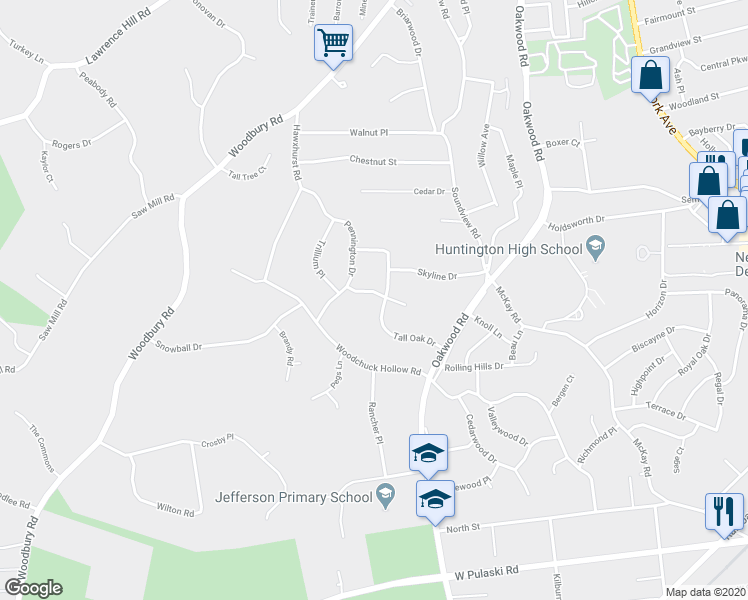 map of restaurants, bars, coffee shops, grocery stores, and more near 23 Tall Oak Drive in Huntington