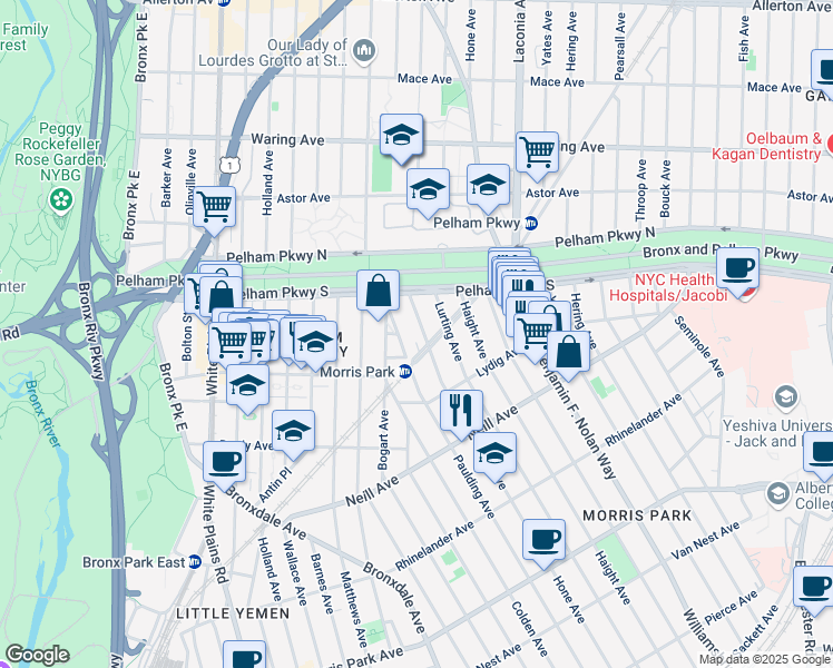 map of restaurants, bars, coffee shops, grocery stores, and more near 2159 Hone Avenue in Bronx
