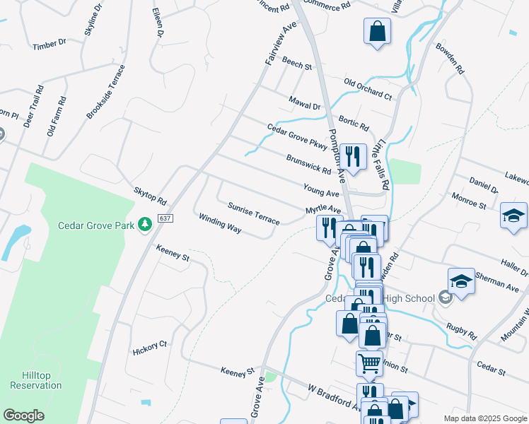 map of restaurants, bars, coffee shops, grocery stores, and more near 58 Sunrise Terrace in Cedar Grove
