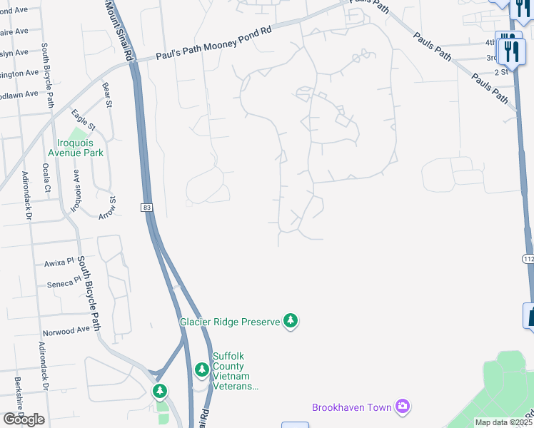 map of restaurants, bars, coffee shops, grocery stores, and more near 968 Skyline Drive in Coram