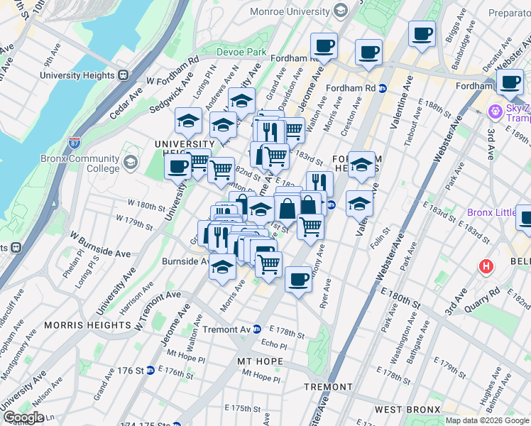 map of restaurants, bars, coffee shops, grocery stores, and more near 2151 Walton Avenue in Bronx