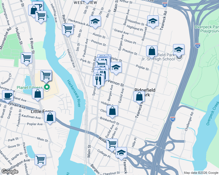 map of restaurants, bars, coffee shops, grocery stores, and more near 51 Bergen Avenue in Ridgefield Park