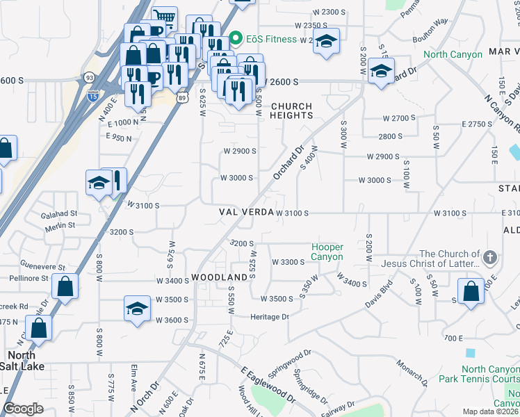 map of restaurants, bars, coffee shops, grocery stores, and more near 494 West 3100 South in Bountiful