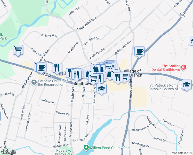 map of restaurants, bars, coffee shops, grocery stores, and more near 15 East Main Street in Smithtown