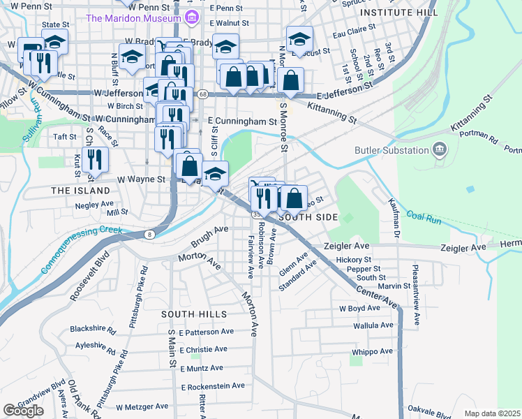 map of restaurants, bars, coffee shops, grocery stores, and more near 315 Center Avenue in Butler