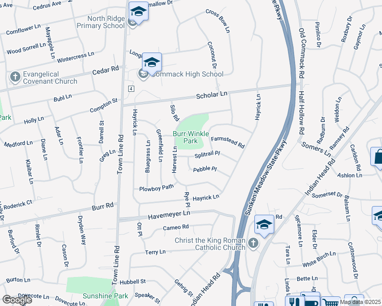 map of restaurants, bars, coffee shops, grocery stores, and more near 9 Splitrail Place in Commack